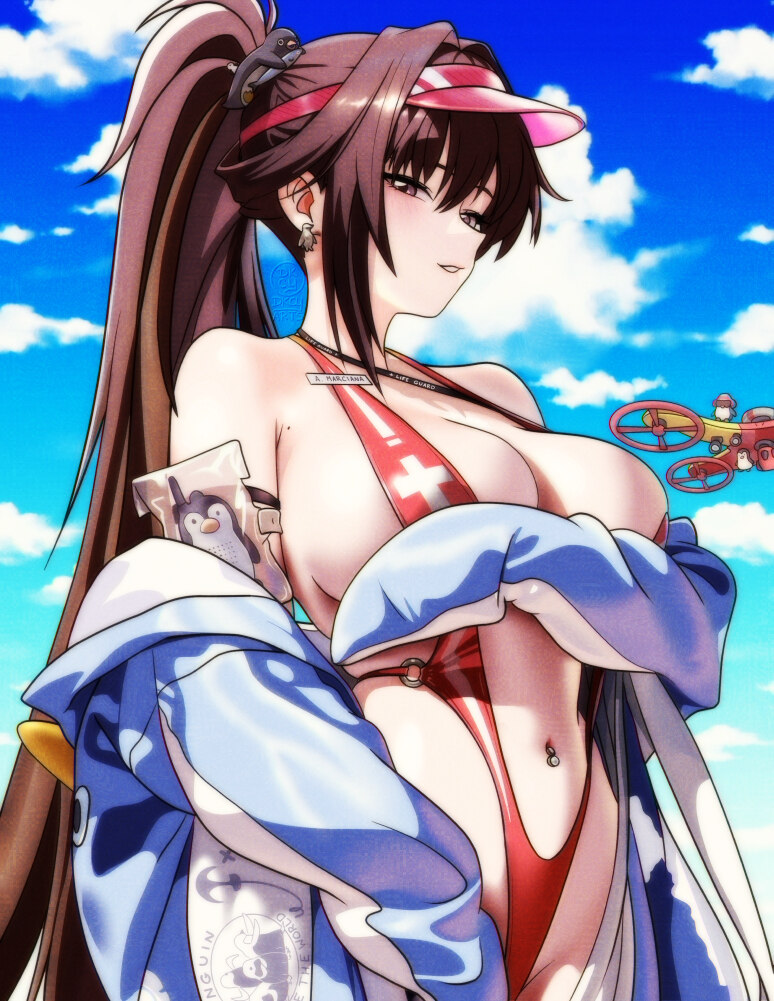 1girl animal costume animal hood arm under breasts bare shoulders blue sky blush breasts brown eyes brown hair cleavage cloud derivative work dkcyart…