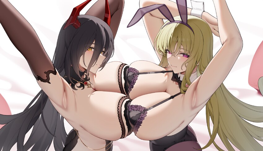 2girls animal ears armpits arms up ass azur lane bare shoulders black dress black gloves black hair breast press breasts cleavage commentary request …