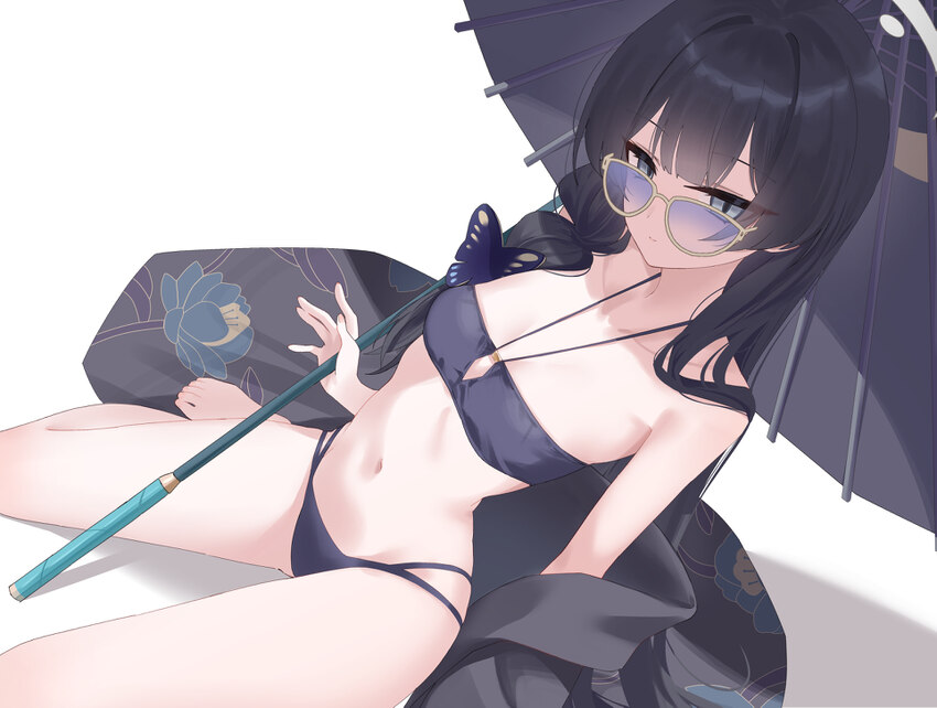 1girl arm behind back arm out of sleeve bandeau bare shoulders barefoot bikini black bikini black hair black jacket blue-tinted eyewear blue archive …