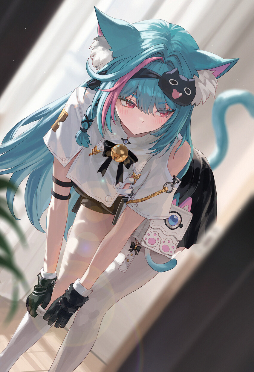 1girl animal ear fluff animal ears aqua hair bent over black gloves black hairband blurry blurry background breasts cat ears cat girl cat tail closed…