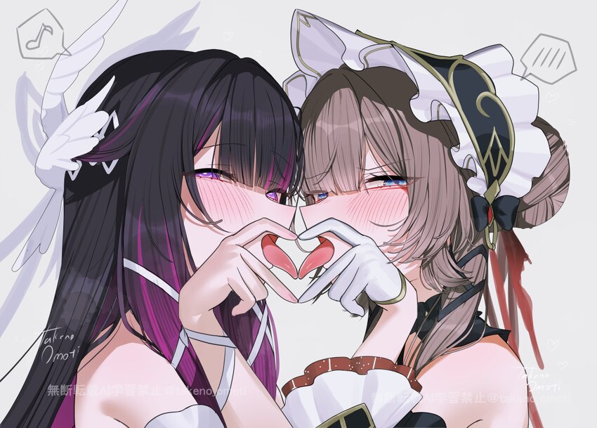 2girls bare shoulders black hair blue eyes blush brown hair columbina (genshin impact) commentary request from side genshin impact gloves half-closed…