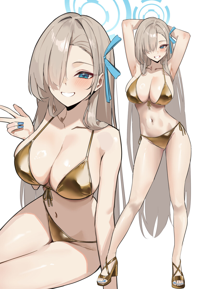 1girl arms behind head arms up asuna (blue archive) bikini blonde hair blue archive blue eyes blue nails blue ribbon breasts cleavage commentary requ…