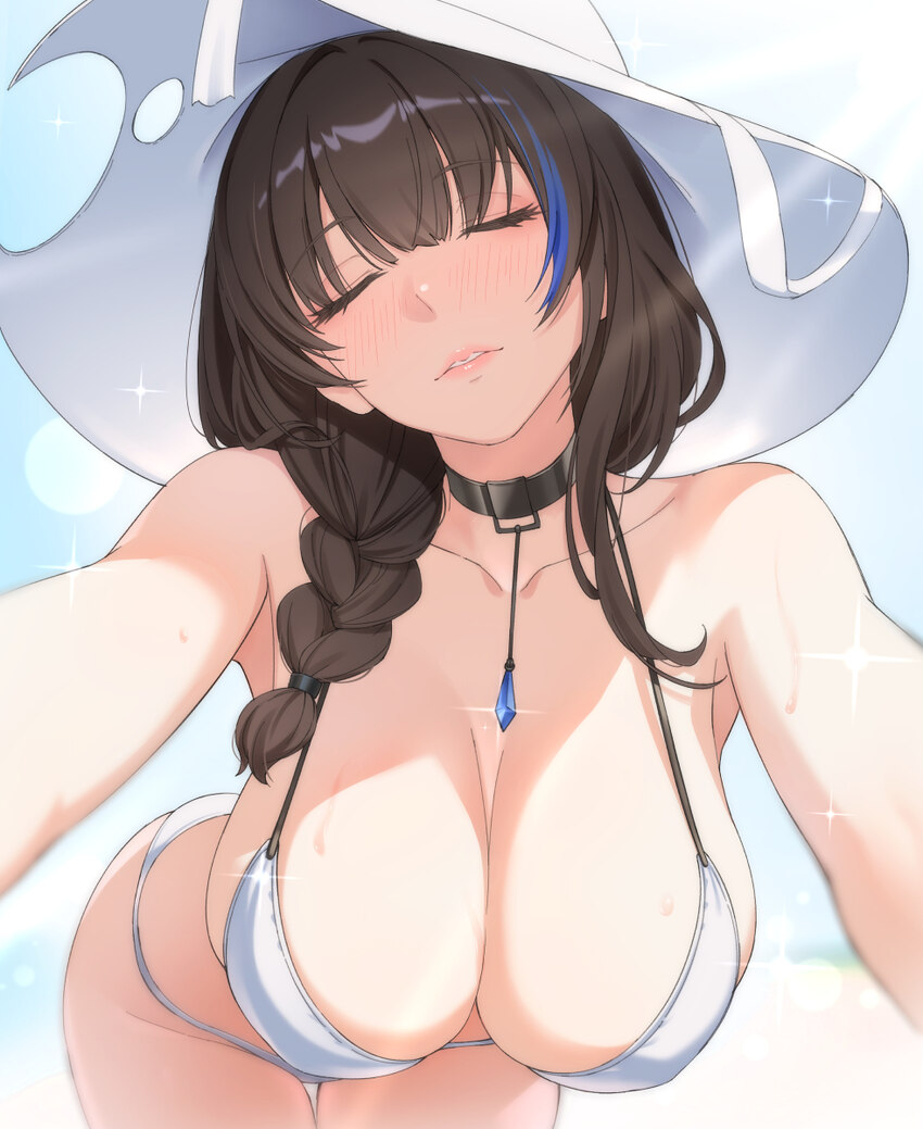 1girl bare shoulders bent over bikini black hair blue streaks blush braid breasts cleavage closed eyes commentary request goddess of victory  nikke h…