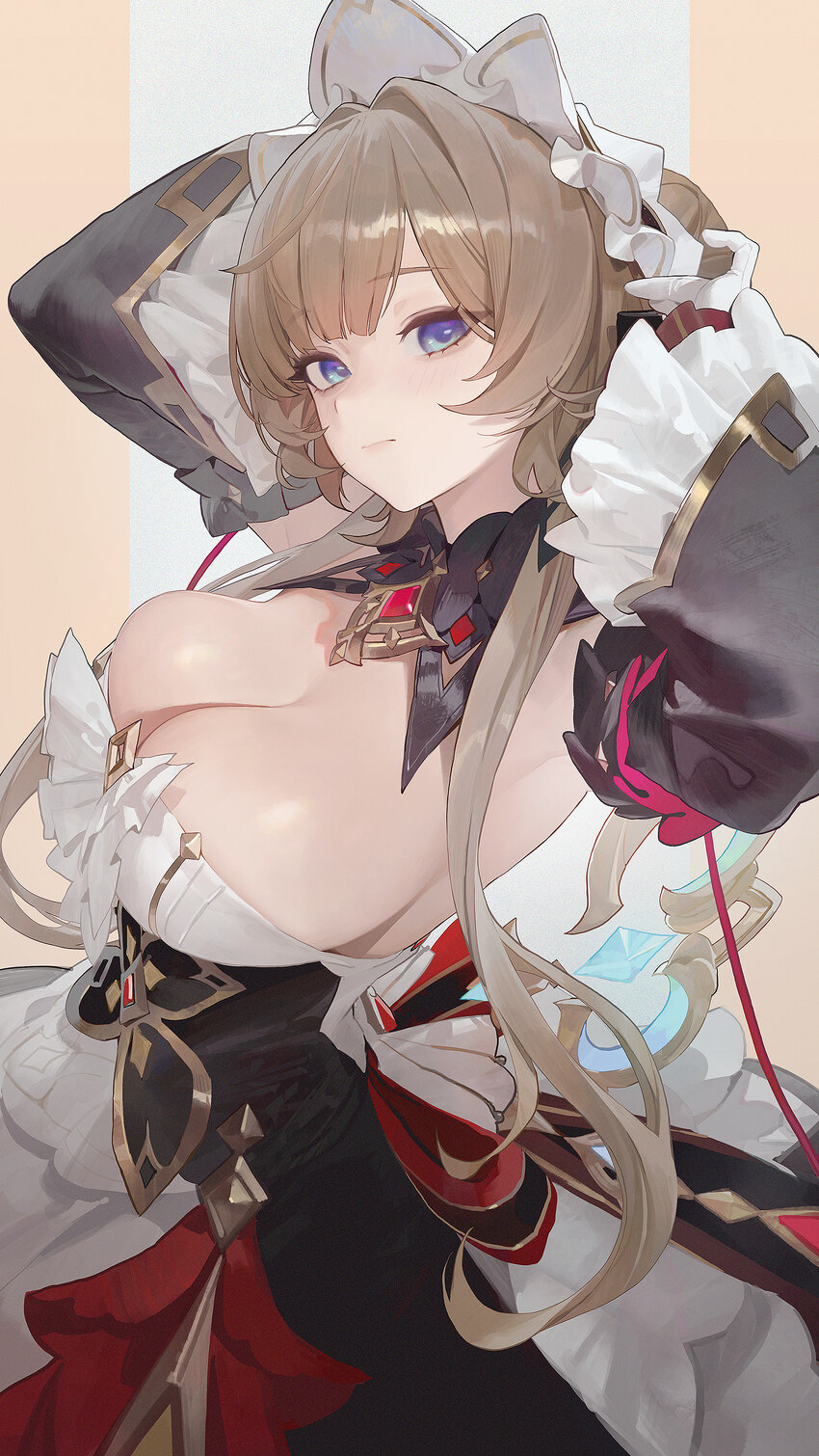 1girl absurdres armpits arms up black sleeves blue eyes blush breasts brown hair closed mouth commentary detached sleeves dress genshin impact highre…