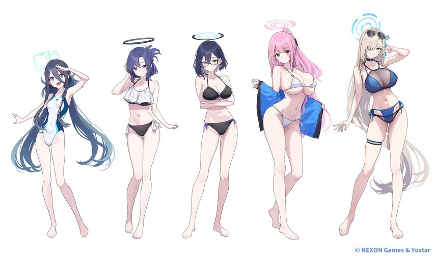 5girls ankle aqua halo aris (blue archive) aris (c108 swimsuit) (blue archive) arm up asuna (blue archive) asuna (c108 swimsuit) (blue archive) baffu…