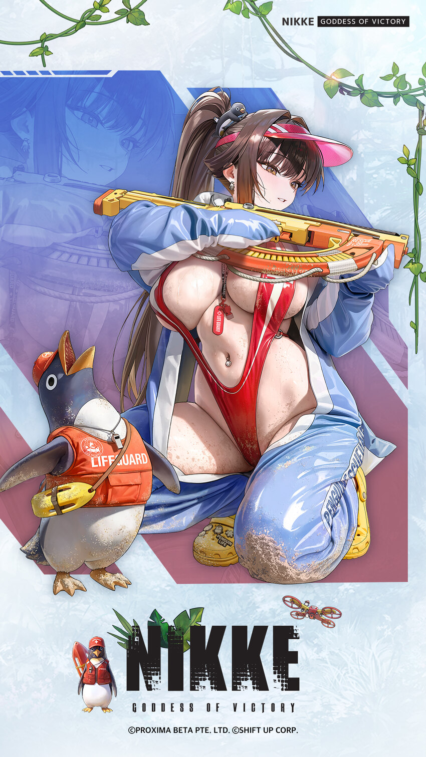 1girl bikini bird black hair blue jacket boninit breasts commentary crocs dirty dirty clothes drone english commentary goddess of victory  nikke gun …