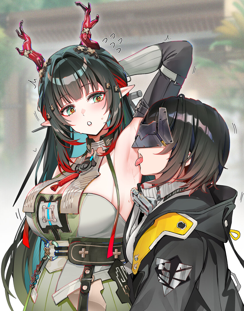 2girls arknights arknights  endfield arm behind head arm up armpits bakushin o armpit gif (meme) bare shoulders black hair black jacket blindfold mas…