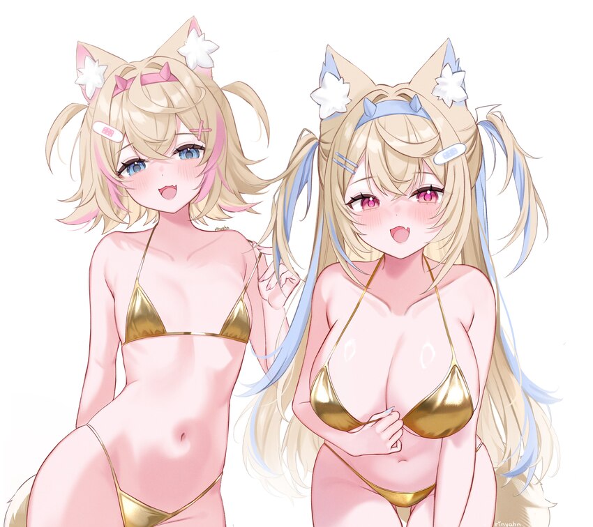 2girls  3  d absurdres alternate costume animal ear fluff animal ears bandaid bandaid hair ornament bikini blonde hair blue eyes blue hair blue hairb…