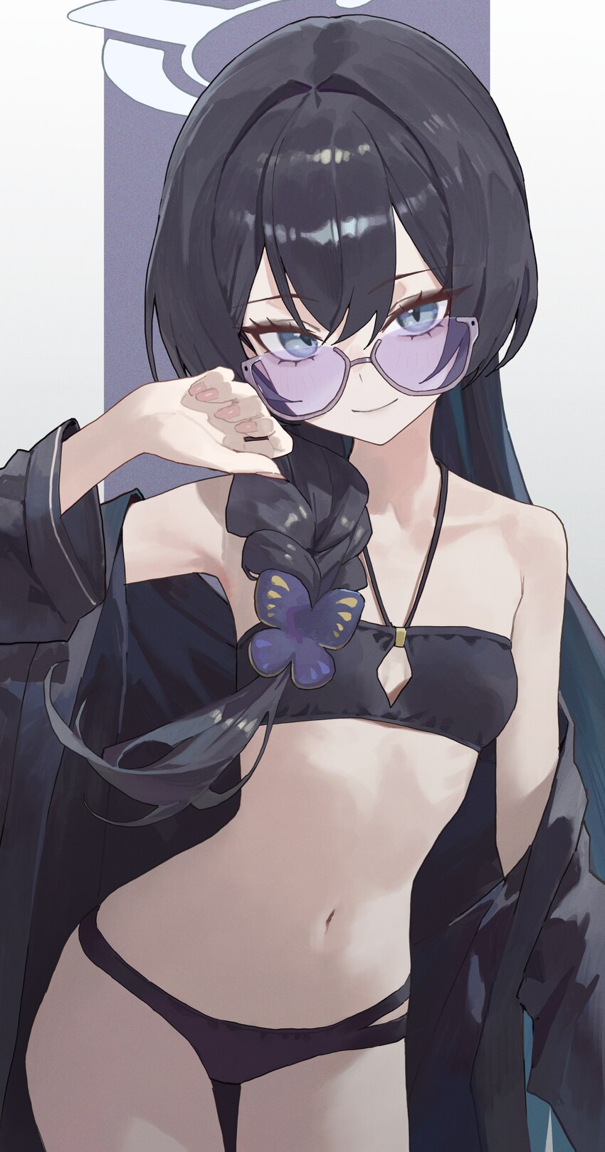 1girl bandeau bare shoulders bikini black bikini black hair blue archive braid breasts butterfly hair ornament closed mouth clothing cutout commentar…