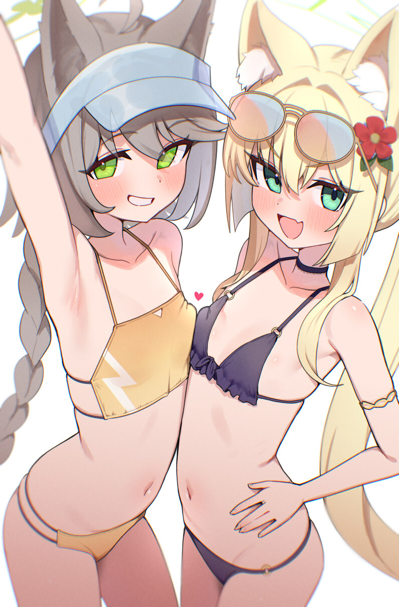 2girls  d ahoge animal ear fluff animal ears armpits arms up asymmetrical docking bikini blonde hair blue archive blue eyes blush braid breast press …