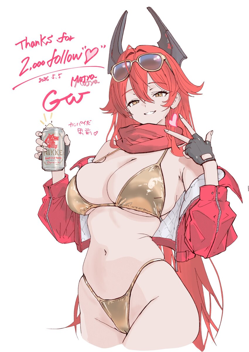 1977 oj3 1girl ahoge artist name bare shoulders beer can bikini black gloves breasts can cleavage commentary cropped legs dated double-parted bangs d…
