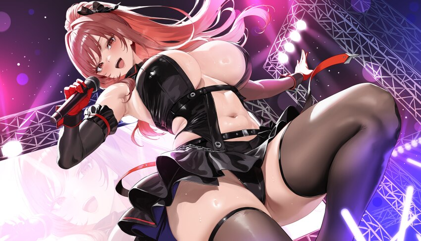 1girl absurdres alternate costume aoi sakura (seak5545) armpits bare shoulders black leotard black sleeves black thighhighs blush breasts clothing cu…