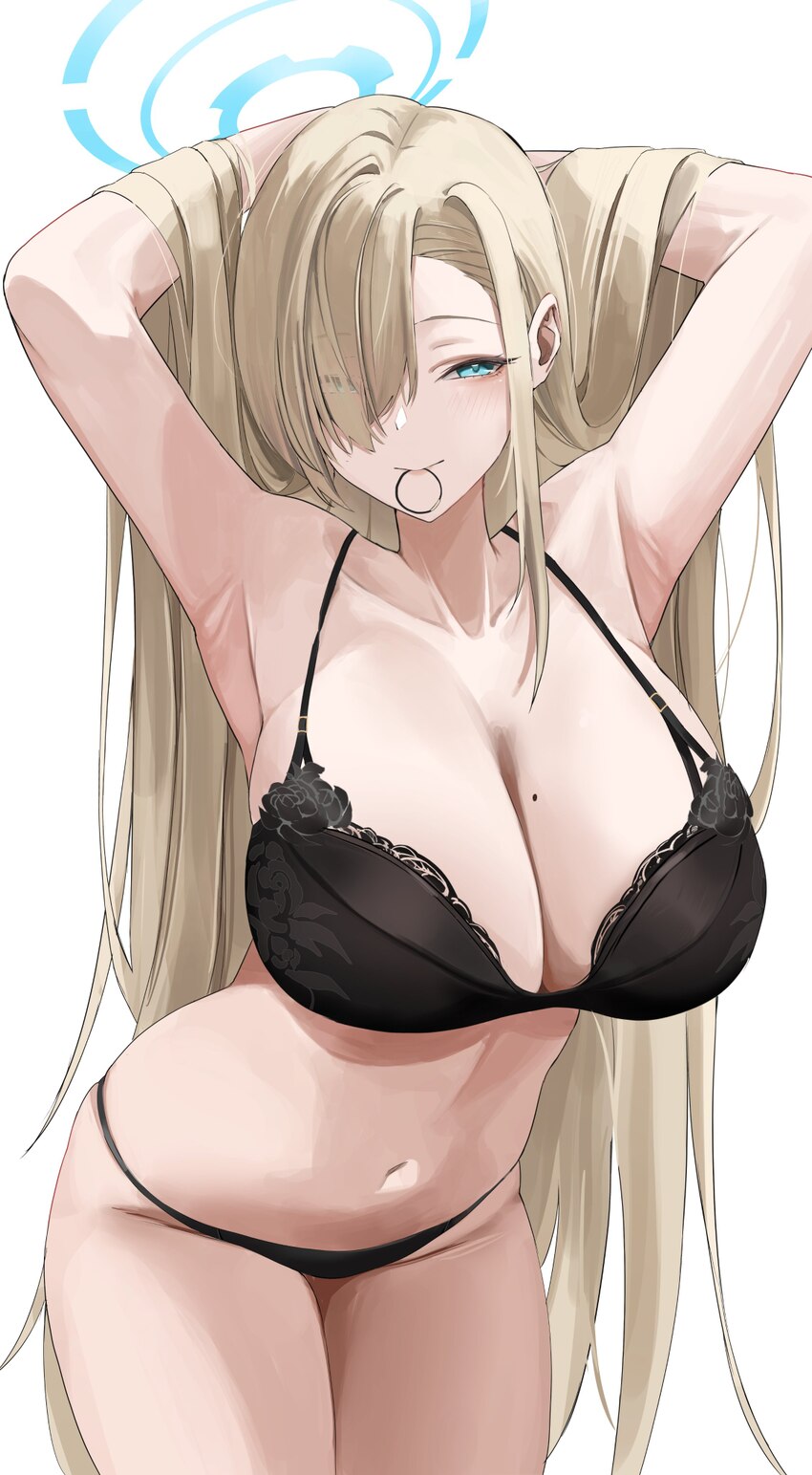 1girl absurdres asuna (blue archive) asymmetrical bangs black bra black panties blue archive blue eyes blue halo bra breasts commentary cowboy shot h…