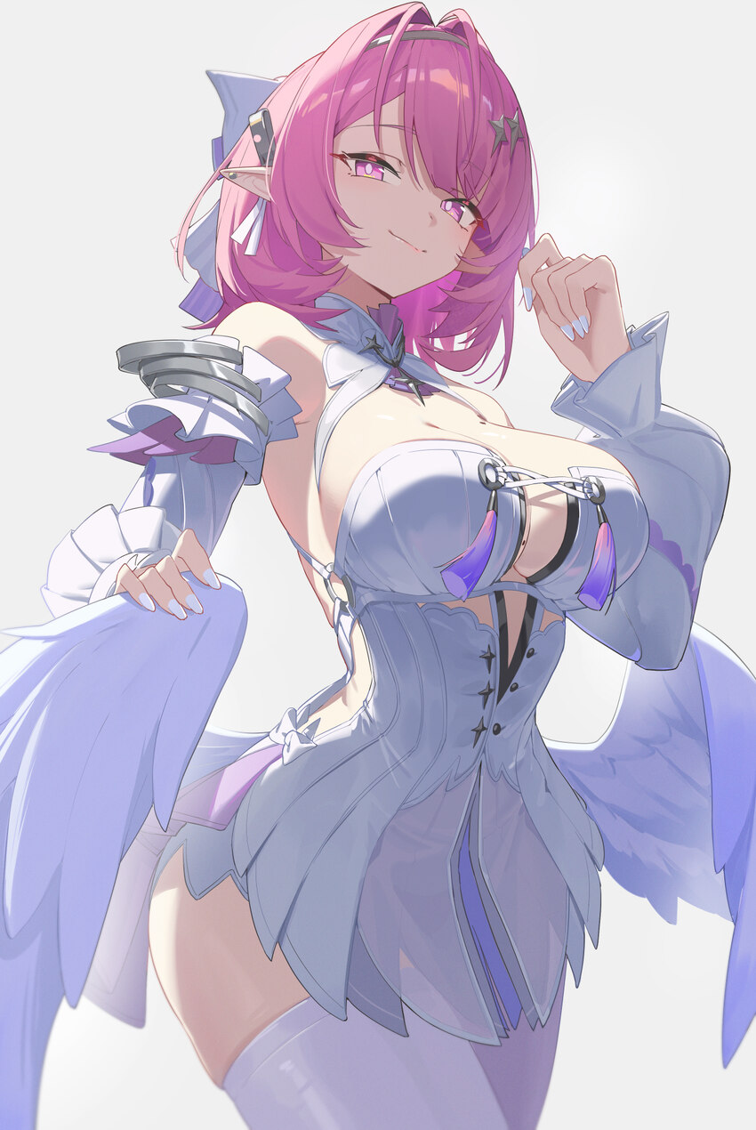 1girl breasts commentary detached sleeves dress hair intakes highres large breasts low wings medium hair mole mole on breast nail polish pink eyes pi…