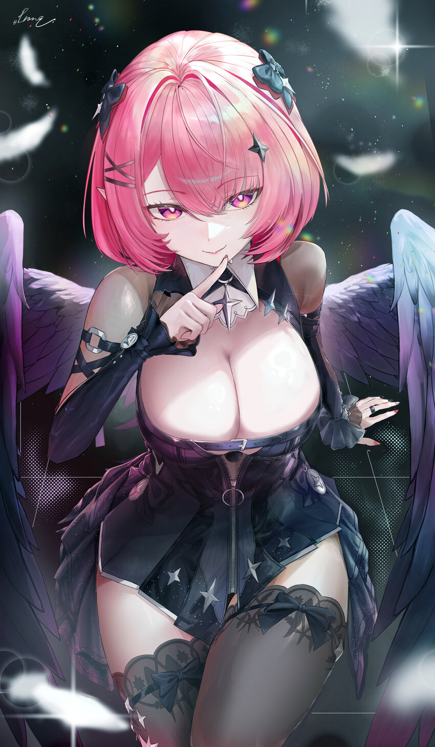 1girl absurdres arm support black bow black dress black nails black thighhighs black wings bow breasts chest belt cleavage closed mouth commentary re…