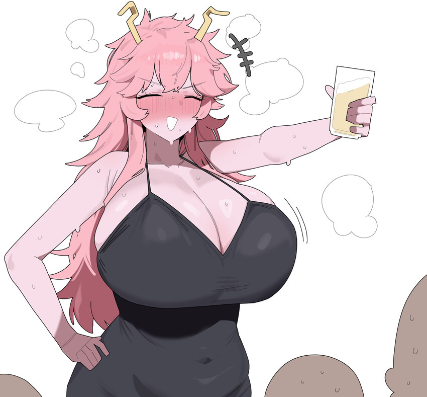 1girl 3boys absurdres alcohol alternate breast size (larger) ashido mina beer black dress blush boku no hero academia breasts citizen k (pngj5475) cl…