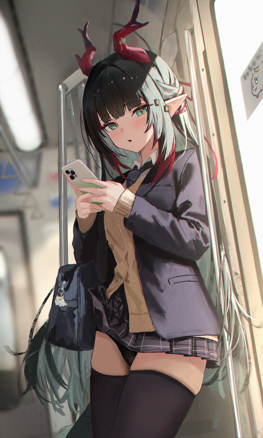 1girl absurdres alternate costume arknights arknights  endfield bag black hair black necktie black panties black thighhighs cardigan commentary drago…