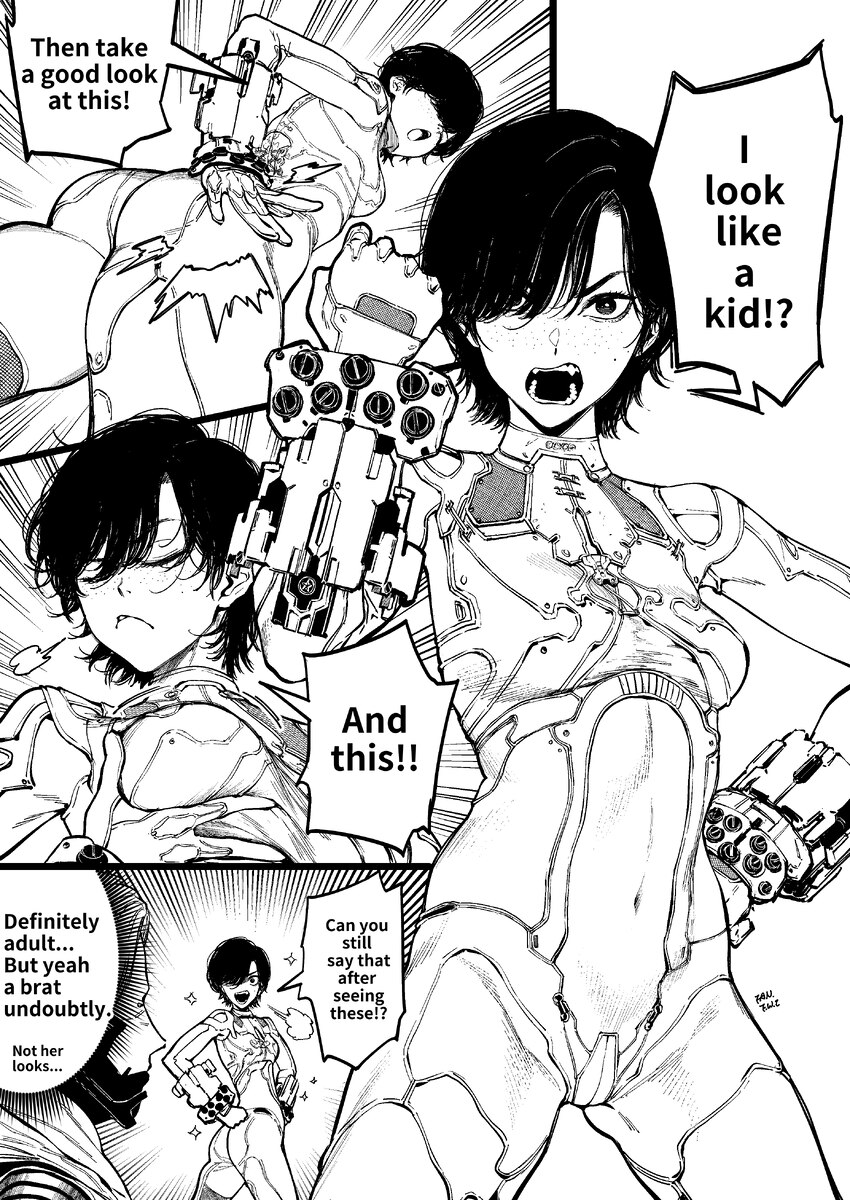 1boy 1girl absurdres ass bodysuit breasts commentary english text evie (stellar blade) f.w.zholic freckles grabbing own breast greyscale hair over on…