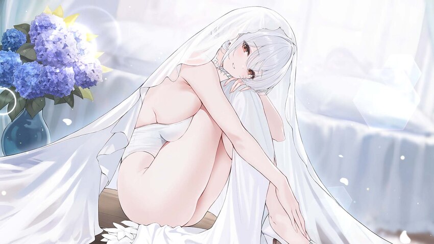 1girl ass azur lane breasts bridal veil curtains flower game asset grey hair hair between eyes hand on own leg handsfree breast squeeze high heels hi…