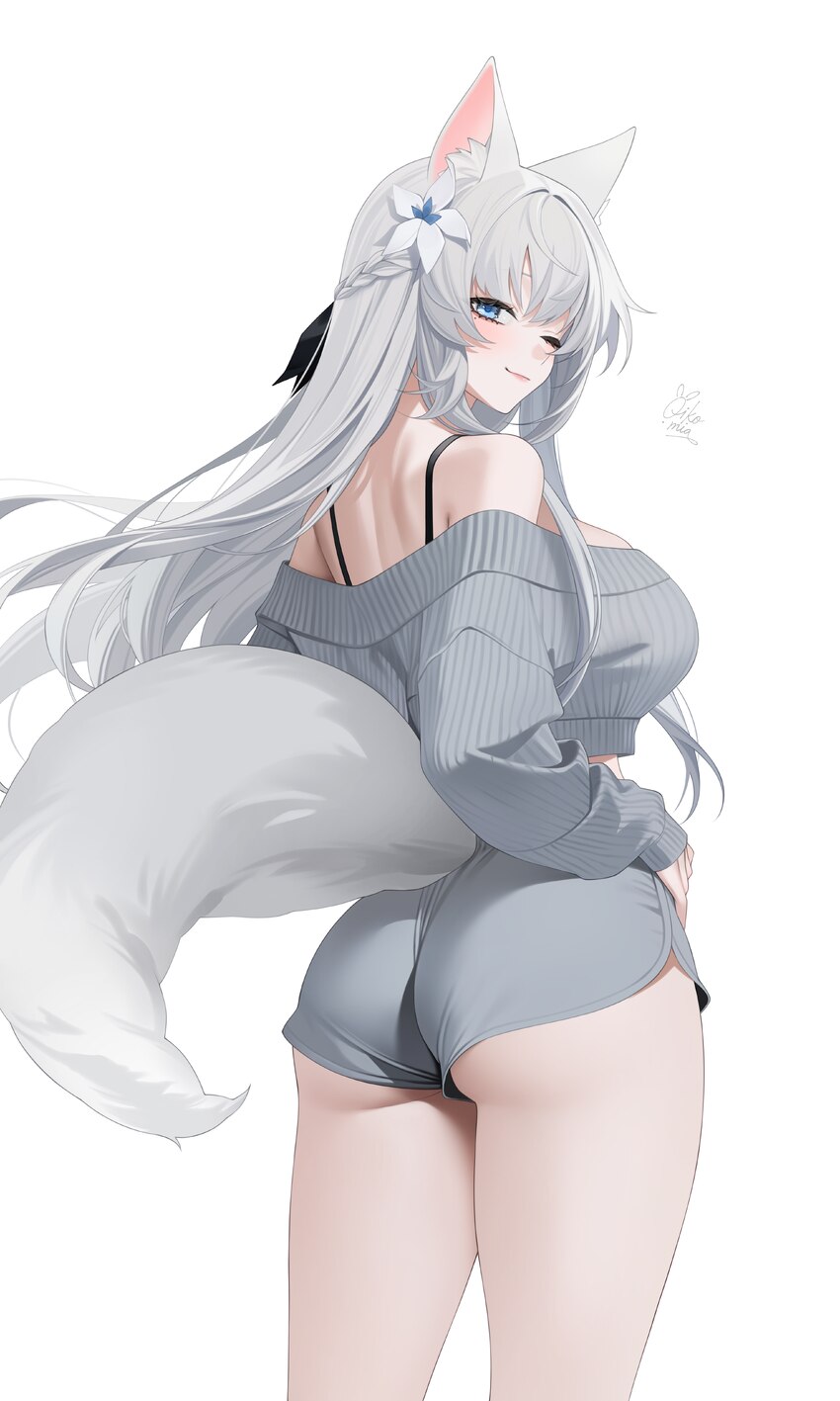 ) 1girl absurdres animal ear fluff animal ears ass bare shoulders bra strap braid breasts commentary dolphin shorts english commentary floating hair …