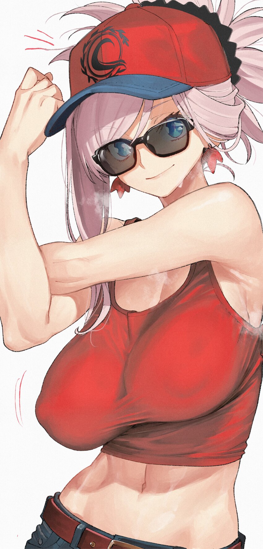1girl absurdres armpits bare shoulders baseball cap belt blue eyes breasts chaldea logo cleavage commentary covered nipples crop top denim earrings f…