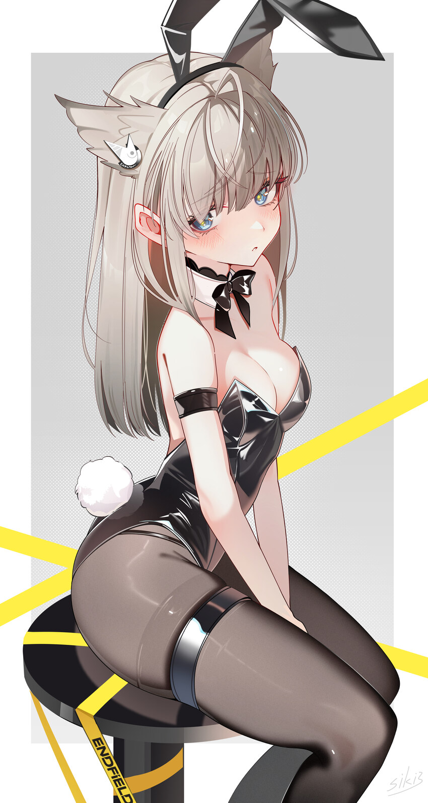 1girl absurdres animal ears arknights arknights  endfield bare shoulders black bow black bowtie black leotard blue eyes blush border bow bowtie breas…