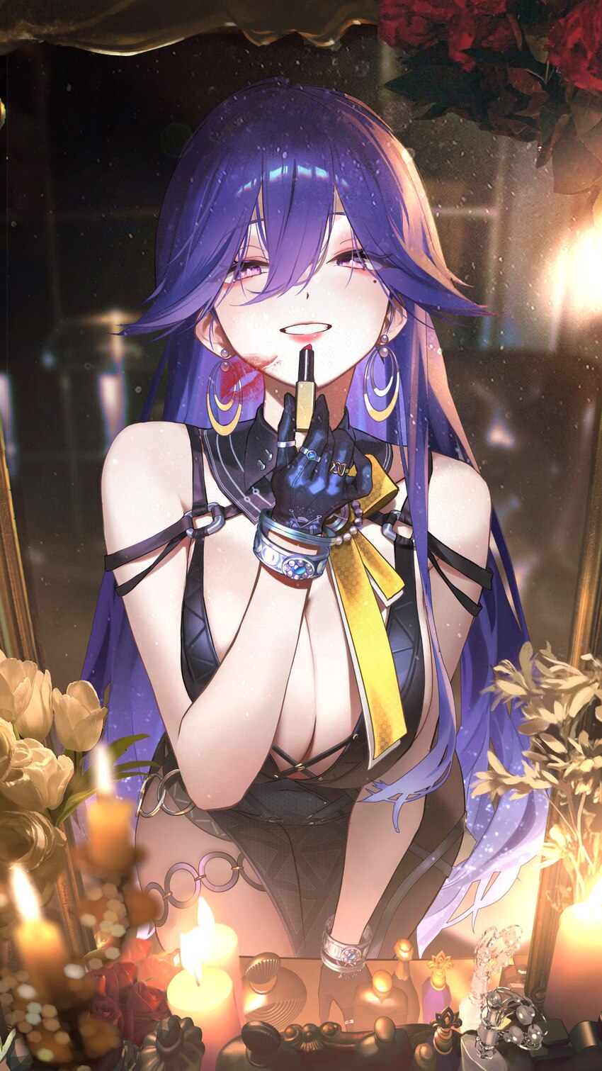1girl absurdres bare shoulders black dress black gloves bottle breasts candle cleavage commentary cosmetics dress earrings ggoc ill gloves hair betwe…
