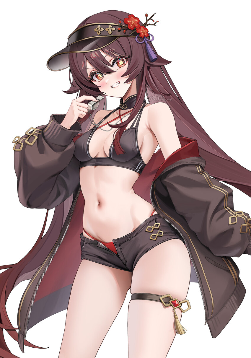 00nanona 1girl alternate costume bikini breasts brown hair brown jacket brown shorts clenched teeth commentary request flower-shaped pupils genshin i…