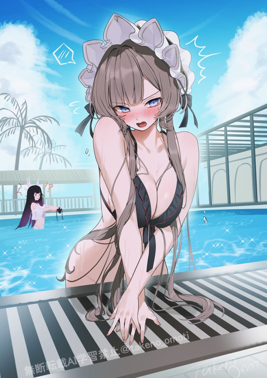 !? 2girls absurdres alternate costume bikini black bikini black hair blue eyes blue sky blush breasts cleavage columbina (genshin impact) commentary …