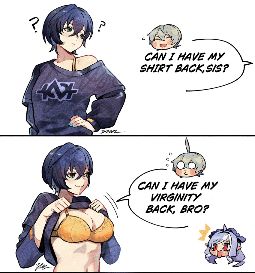 1boy 2girls ?  3 belle (zenless zone zero) black shirt blue hair bra breasts brother and sister chibi chibi inset cleavage clothes lift commentary en…