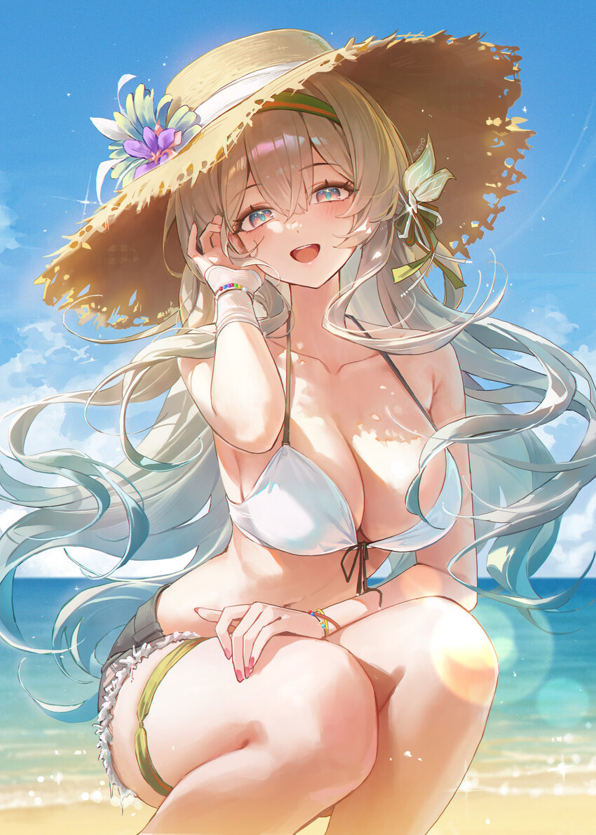 1girl absurdres alternate costume artist name beach bikini black shorts blue sky blush bow bracelet breasts cleavage collarbone commentary cutoffs da…