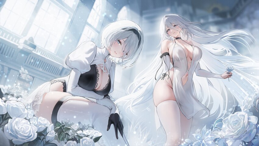 2b (brief respite) (azur lane) 2b (nier automata) 2girls a2 (fruit of temptation) (azur lane) a2 (nier automata) azur lane bare shoulders black glove…