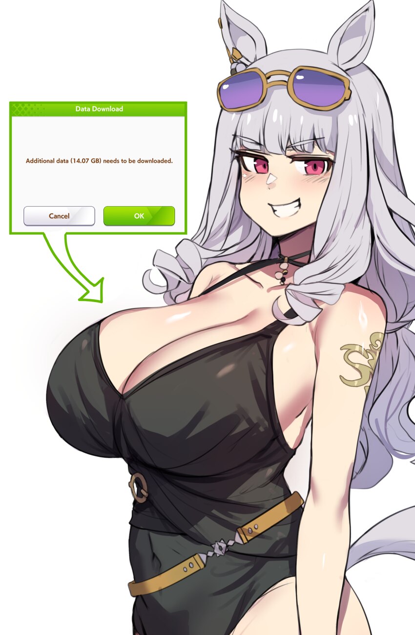 1girl absurdres animal ears black one-piece swimsuit breasts cleavage clenched teeth collarbone commentary english commentary english text eyewear on…