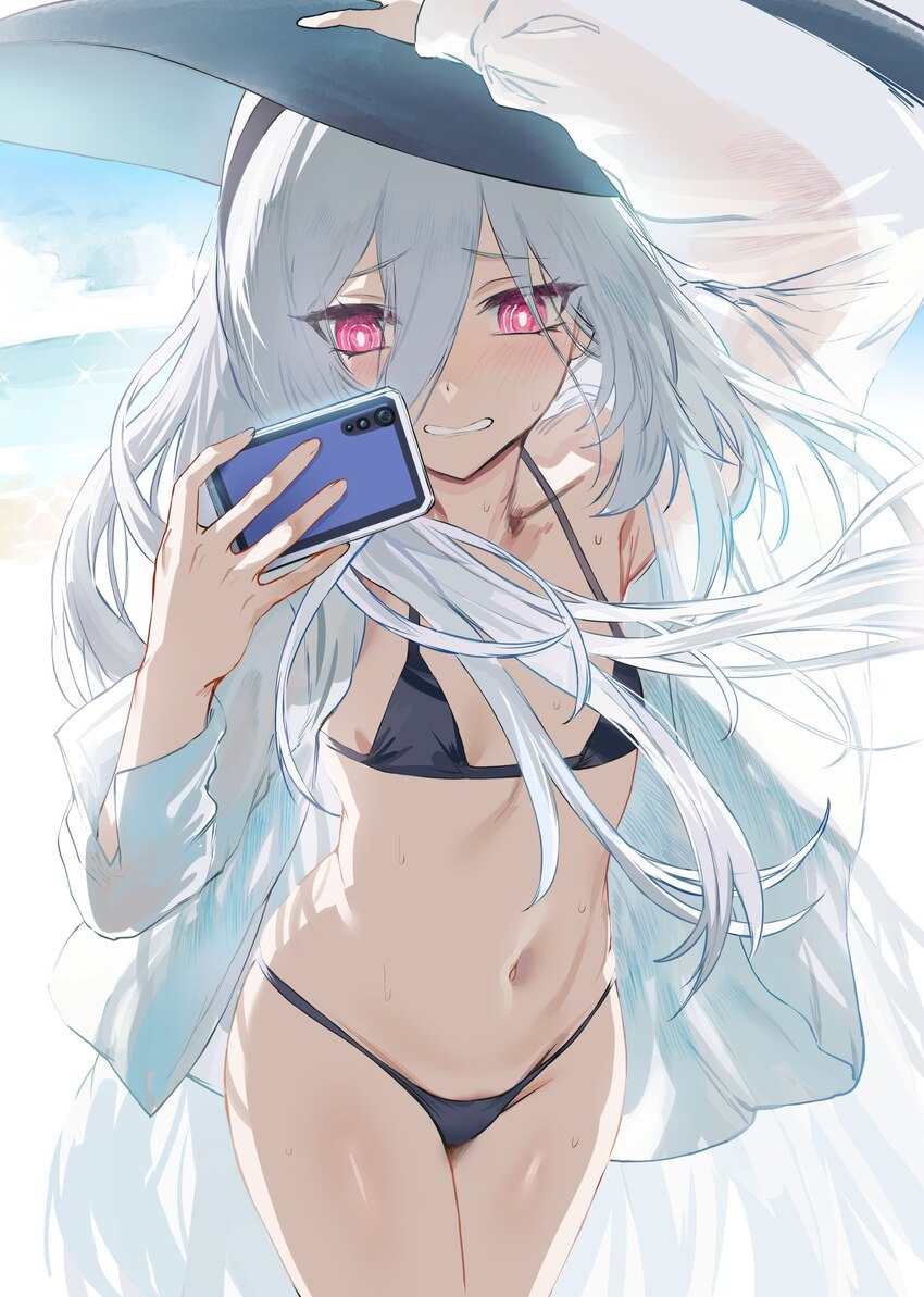 1girl arm up bikini black bikini black hat blue archive blush breasts cellphone cowboy shot day groin hair between eyes hat hews highres holding hold…
