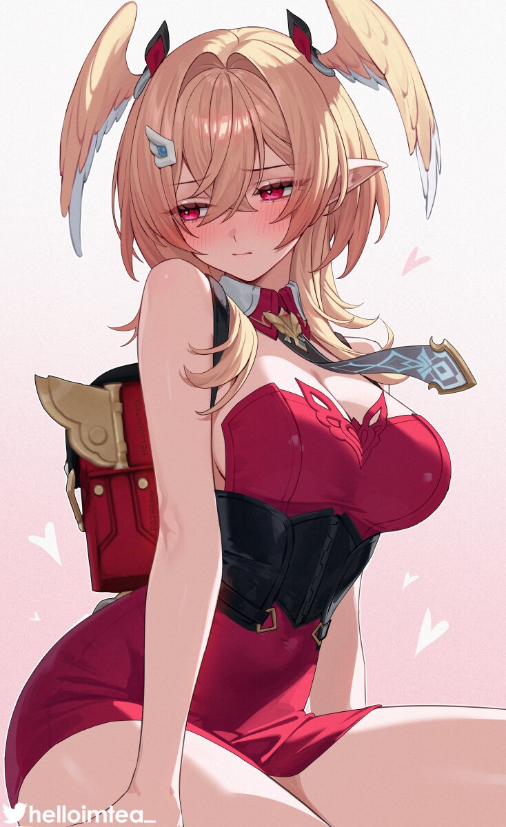 1girl backpack bag blonde hair blush breasts cleavage commentary dress english commentary genshin impact hair intakes head wings heart heart-shaped p…
