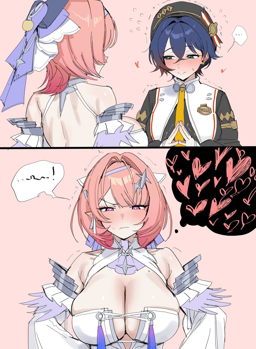 ... 2girls 2koma absurdres belle (brilliance of stars) (zenless zone zero) belle (zenless zone zero) beret black hat blue hair blush breasts cleavage…