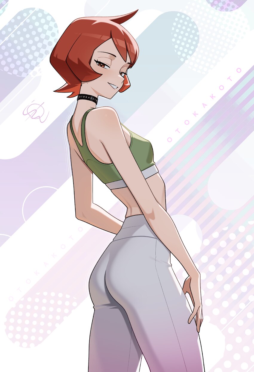 1girl absurdres arezu (pokemon) ass black choker breasts choker commentary english commentary green sports bra highres looking at viewer otokakoto pa…