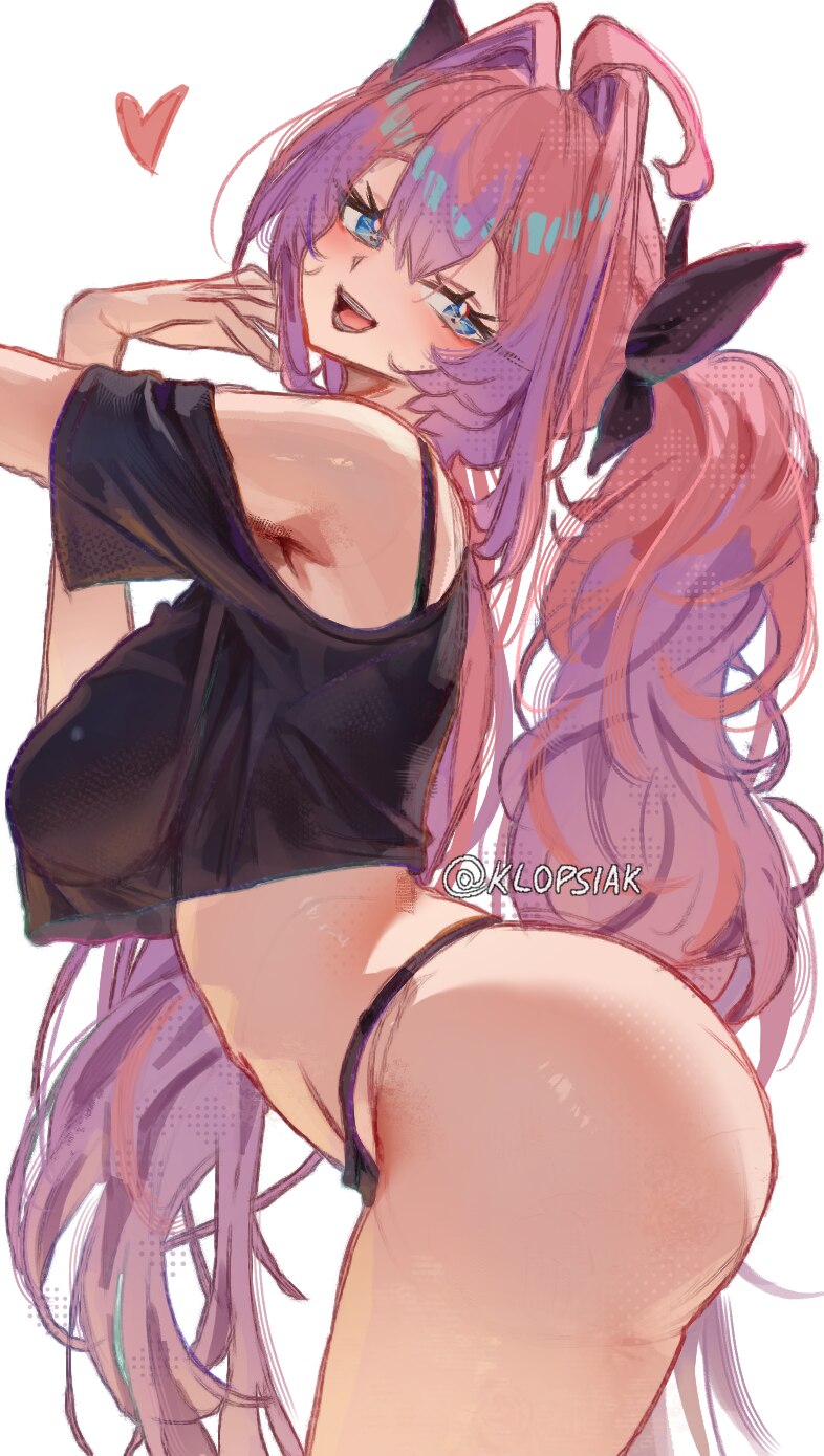 + + 1girl ahoge artist name ass bare shoulders bikini black bikini black ribbon black shirt blue eyes blush breasts commentary english commentary eye…