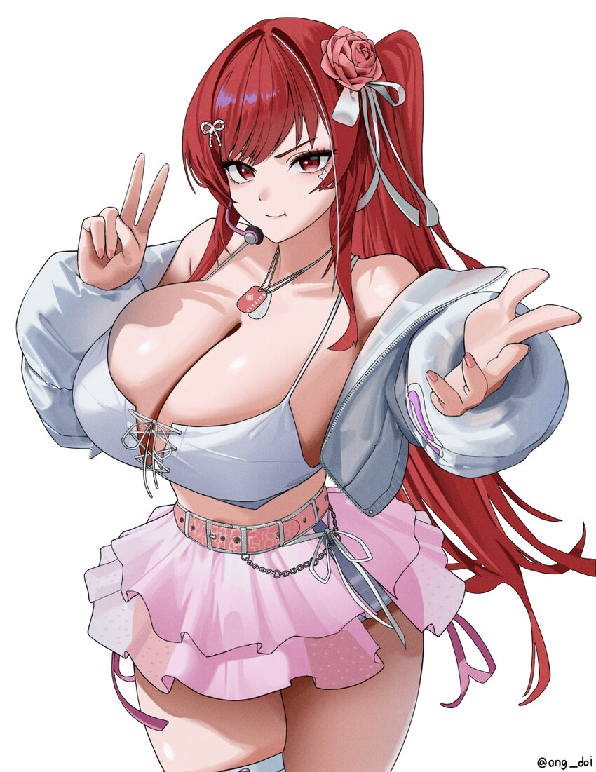 1girl absurdres bare shoulders belt blush breasts closed mouth commentary dog tags facial mark flower front-tie top goddess of victory  nikke hair fl…