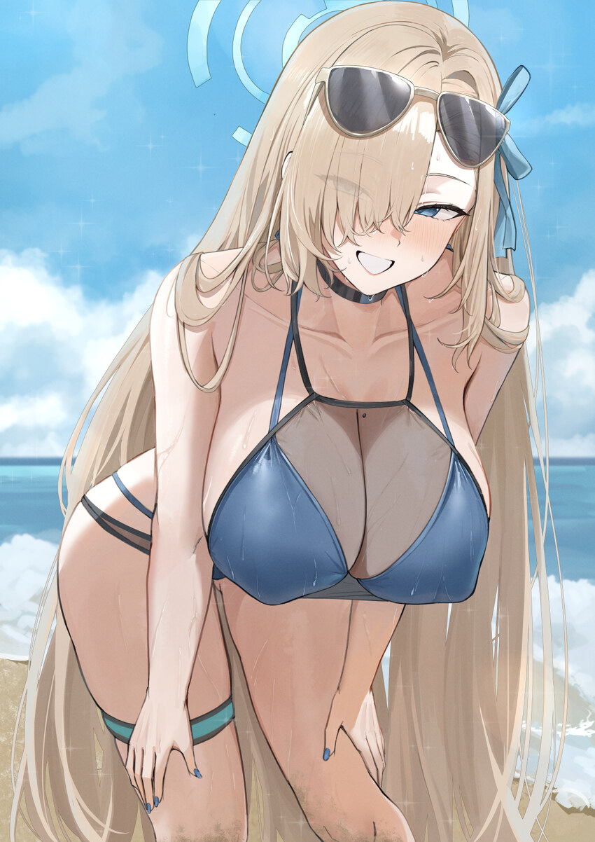 1girl absurdres asuna (blue archive) asuna (c108 swimsuit) (blue archive) bare shoulders beach bikini blonde hair blue archive blue bikini blue eyes …