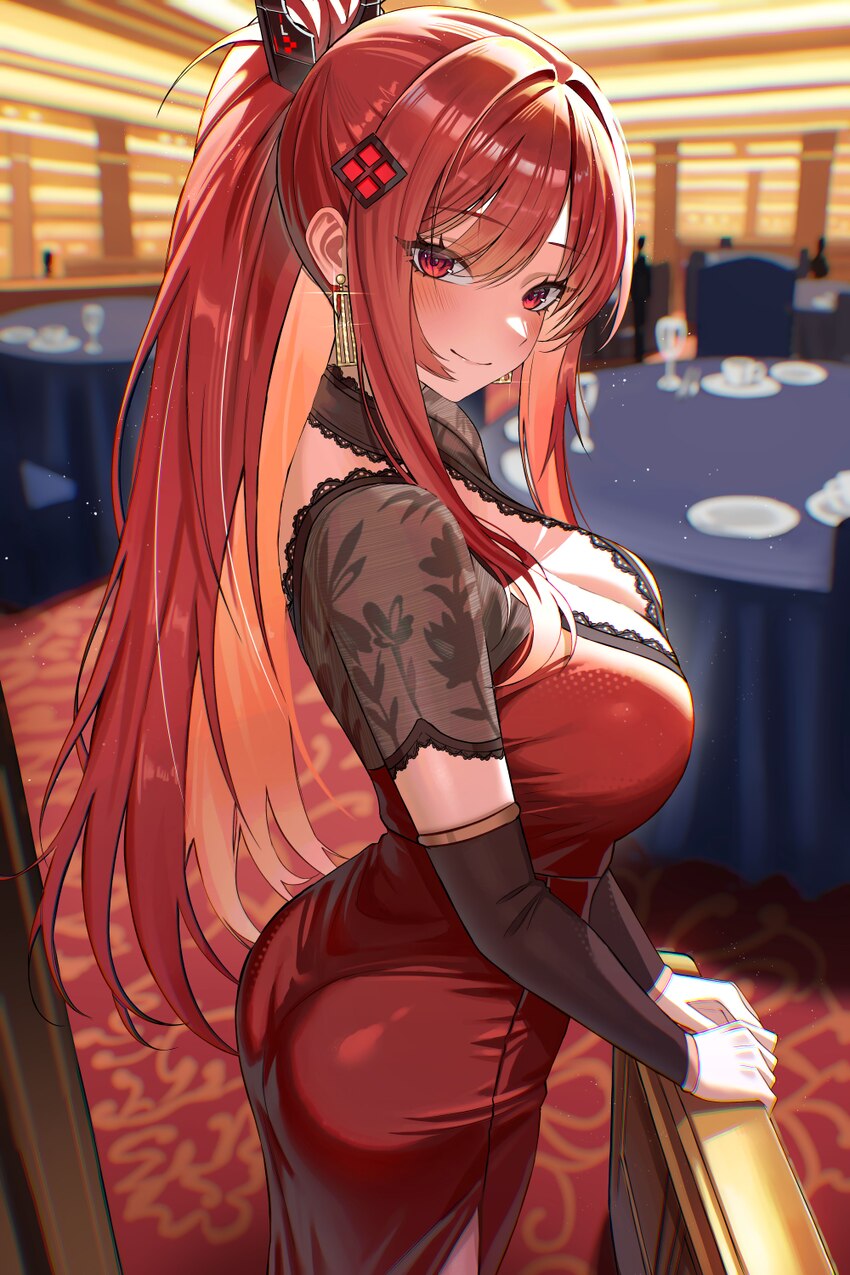 1girl absurdres alternate costume ass breasts champagne flute cleavage commentary request cup dress drinking glass earrings elker from side goddess o…