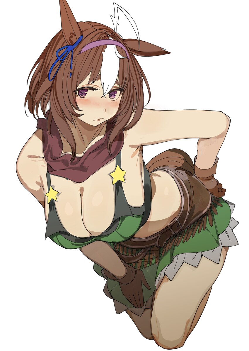 1girl absurdres ahoge animal ears bandana bandeau bare shoulders bent over blush breasts brown gloves brown hair cleavage closed mouth collarbone com…