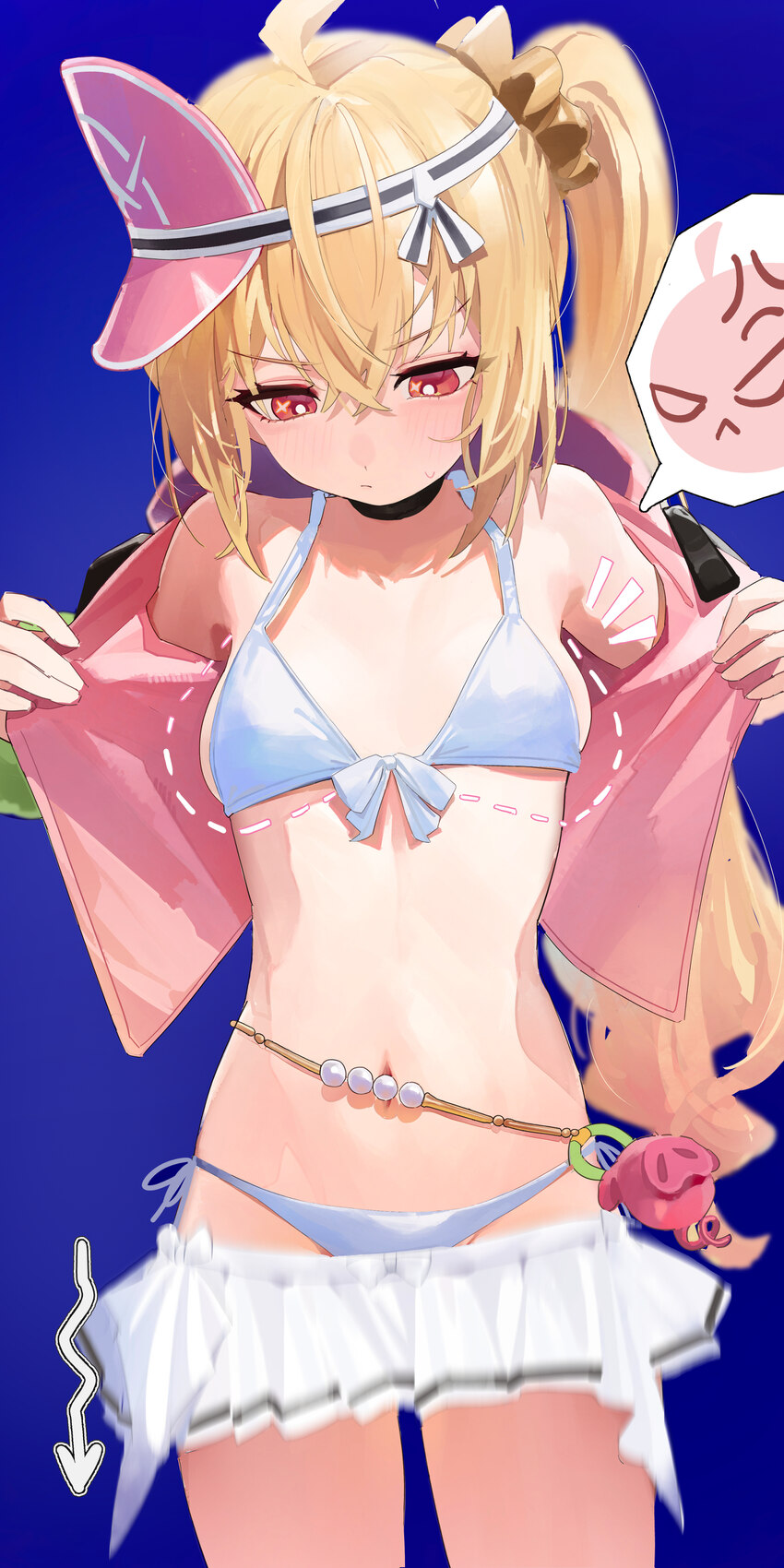 1girl absurdres ahoge anger vein berserker r bikini blonde hair blue background blush breast conscious breasts commentary request cowboy shot highres…