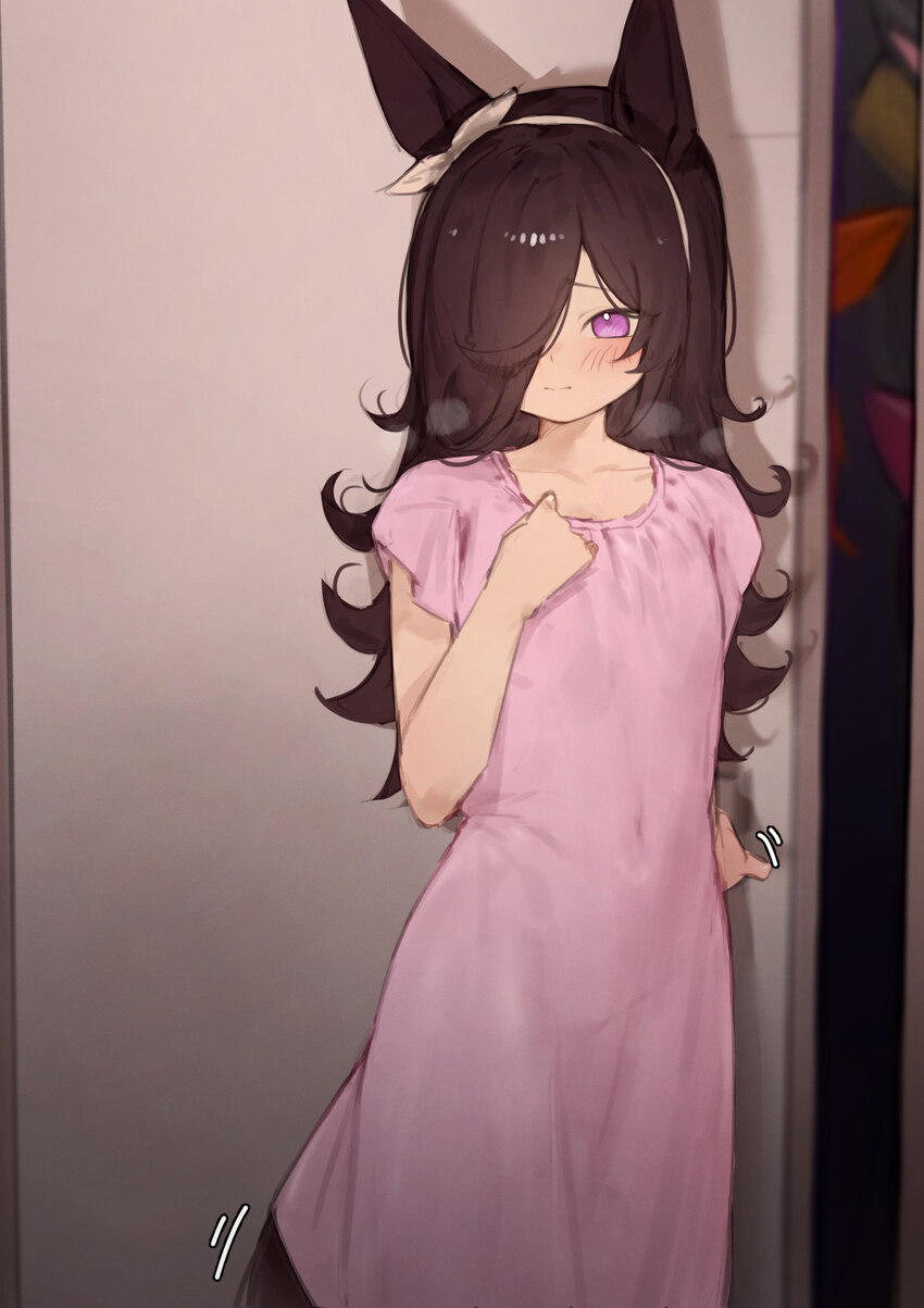 4girls animal ears black hair black tail bow covered navel dress ear bow eavesdropping flipped hair hair over one eye hairband highres horse ears hor…