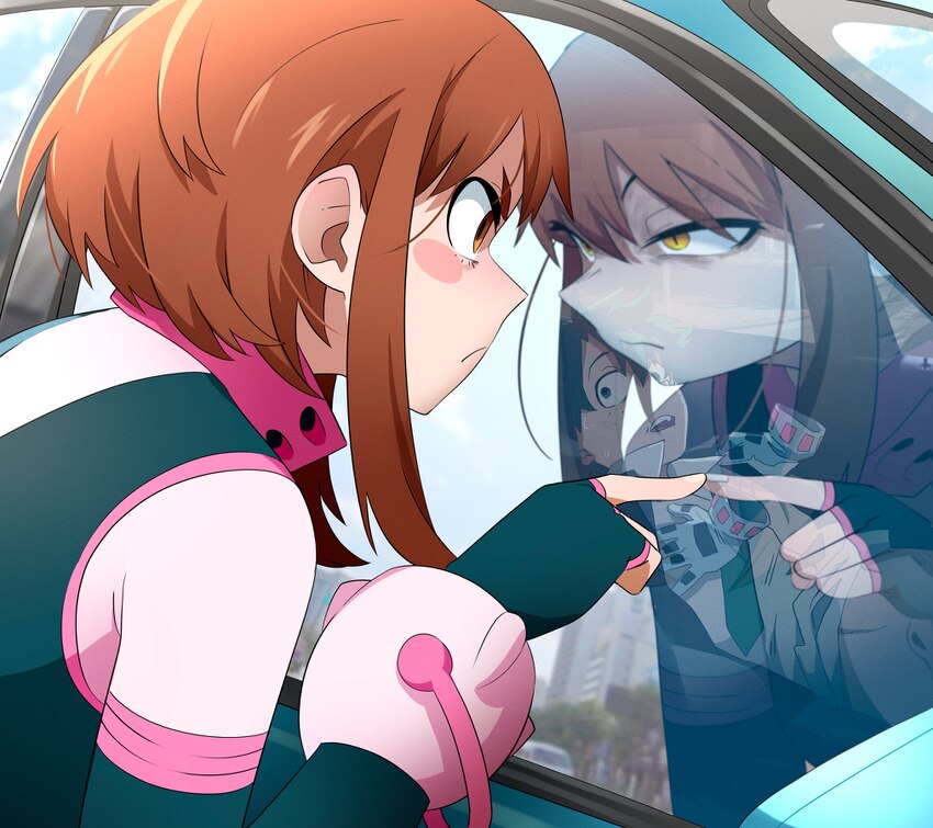 1boy 3girls absurdres boku no hero academia brown eyes brown hair car closed mouth clothed female nude female clothed male nude female commentary con…