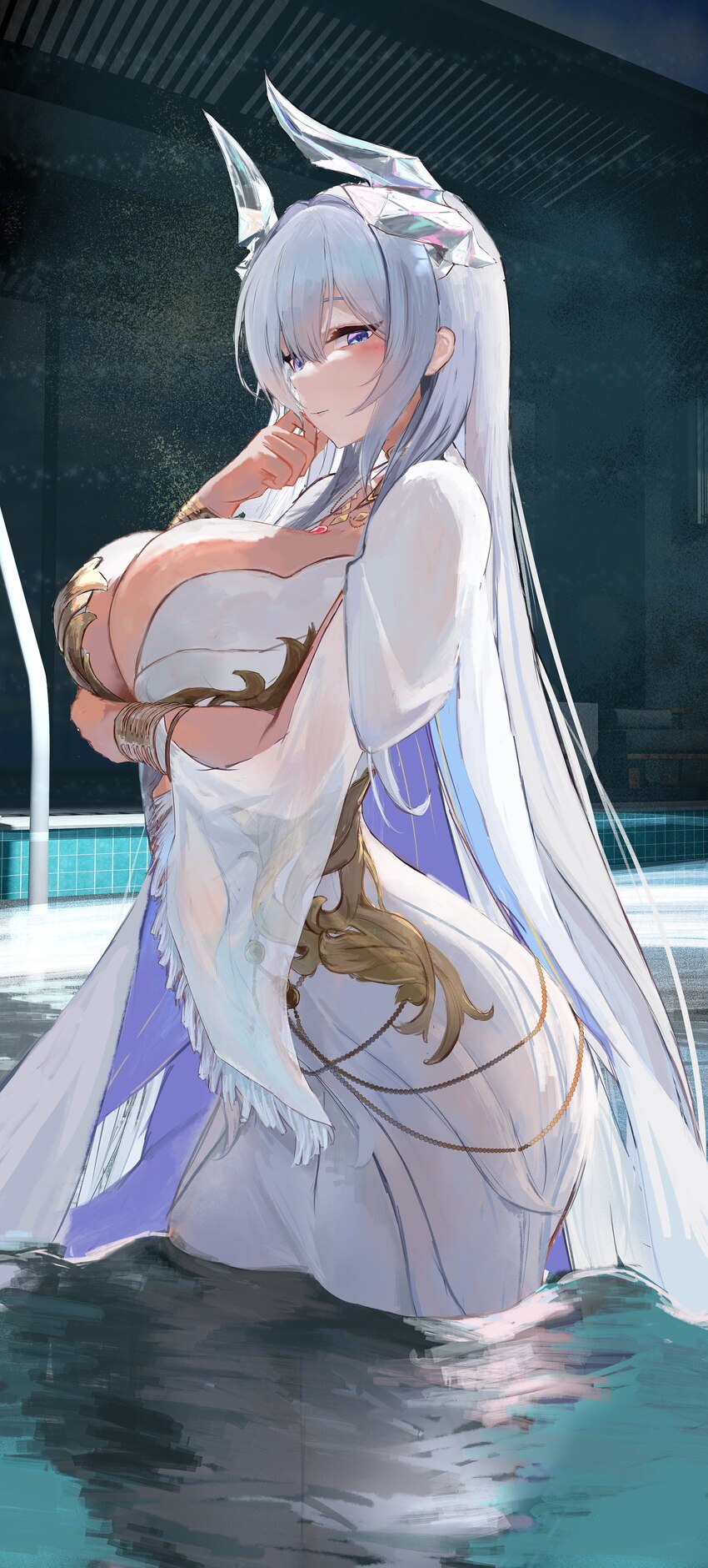 1girl absurdres arm under breasts azur lane breasts colored inner hair commentary request crystal horns dress from side highres horns large breasts l…