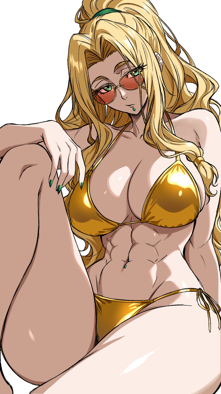 1girl abs arm on knee aztec bare arms bare legs bare shoulders bikini blonde hair breasts chin piercing cleavage collarbone commentary curtained hair…