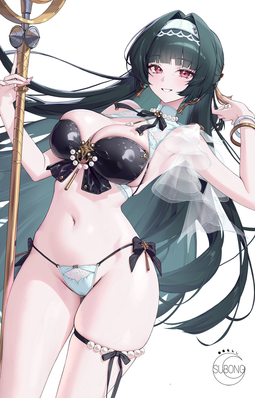 1girl absurdres alternate costume armpits astra yao bikini black hair blush bracelet breasts commentary hairband hands up highres holding jewelry lar…