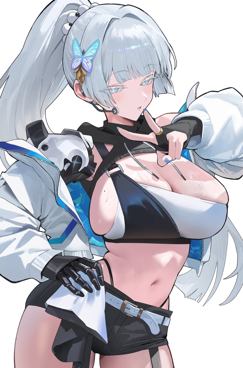 1girl absurdres alternate costume alternate hairstyle black shorts breasts colored eyelashes commentary goddess of victory  nikke high ponytail highr…