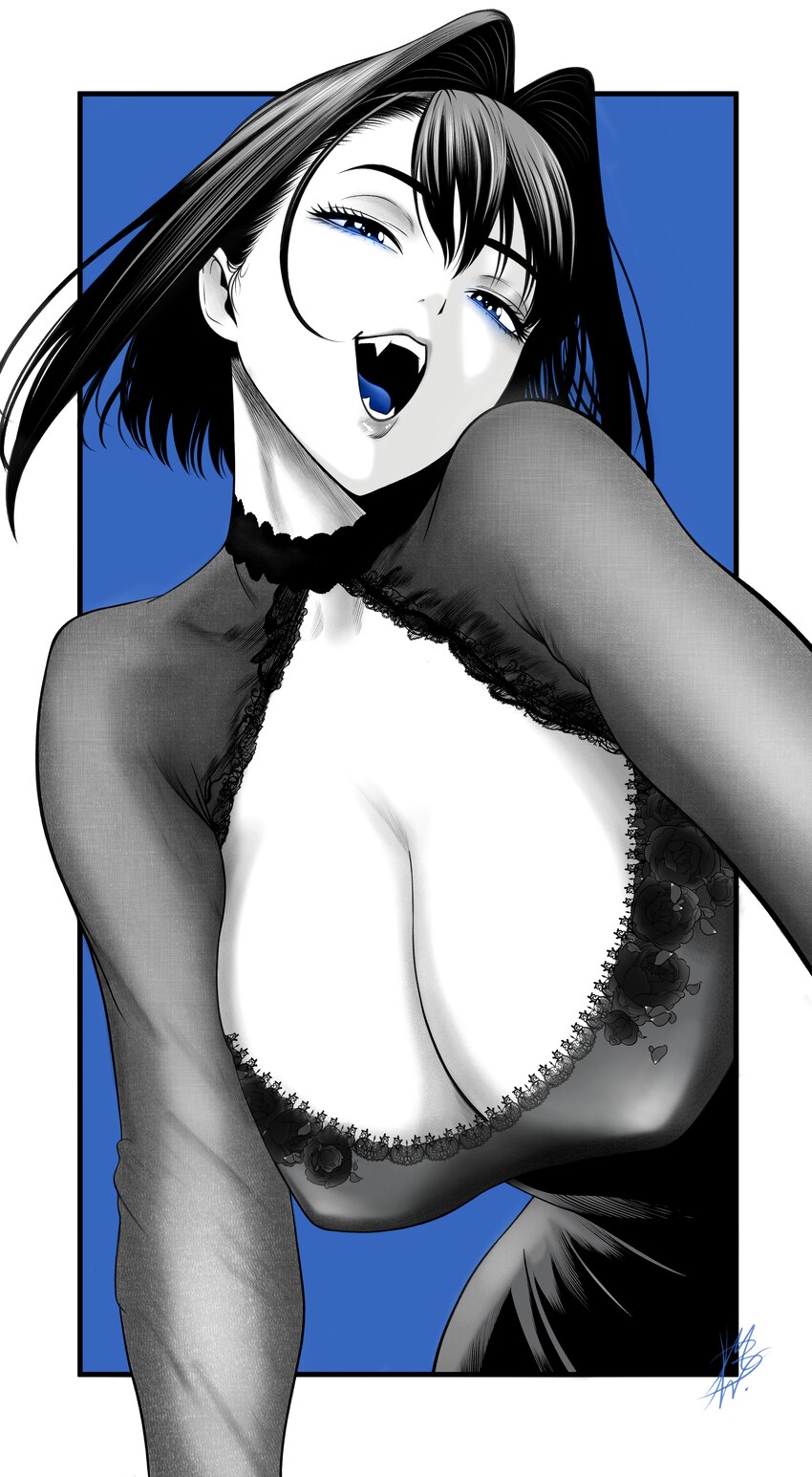 1girl absurdres alternate costume blue background blue eyeliner blue eyes blue tongue breasts cleavage cleavage cutout clothing cutout colored tongue…